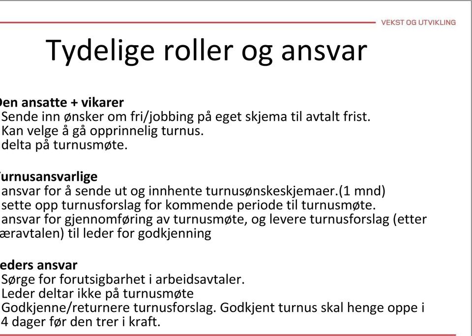 (1 mnd) sette opp turnusforslag for kommende periode til turnusmøte.