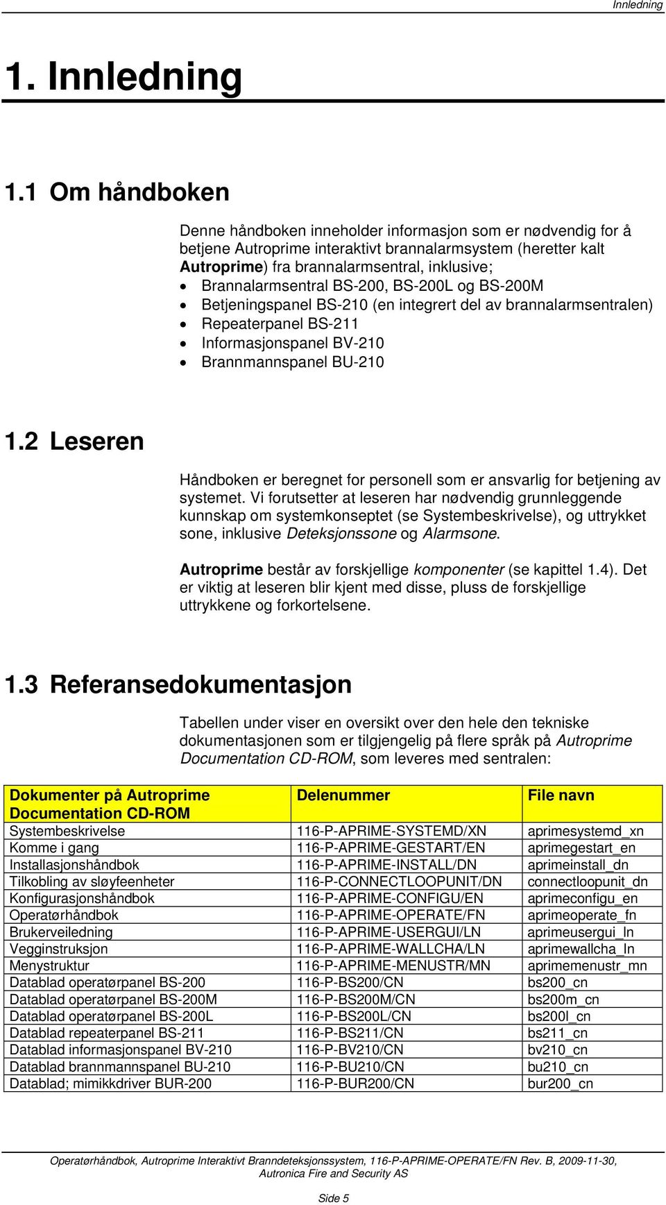 Brannalarmsentral BS-200, BS-200L og BS-200M Betjeningspanel BS-210 (en integrert del av brannalarmsentralen) Repeaterpanel BS-211 Informasjonspanel BV-210 Brannmannspanel BU-210 1.