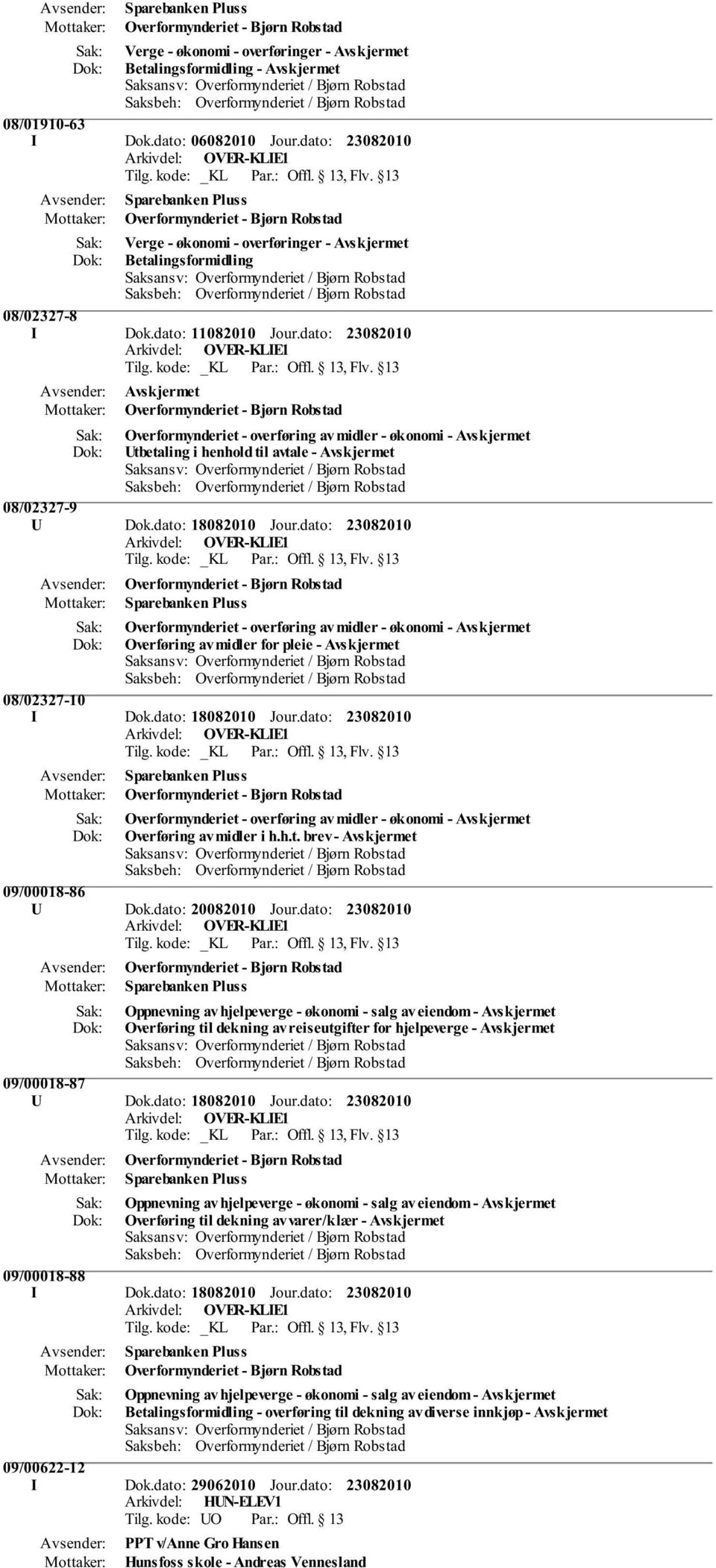 dato: Avskjermet Overformynderiet - overføring av midler - økonomi - Avskjermet Utbetaling i henhold til avtale - Avskjermet 08/02327-9 U Dok.dato: 18082010 Jour.