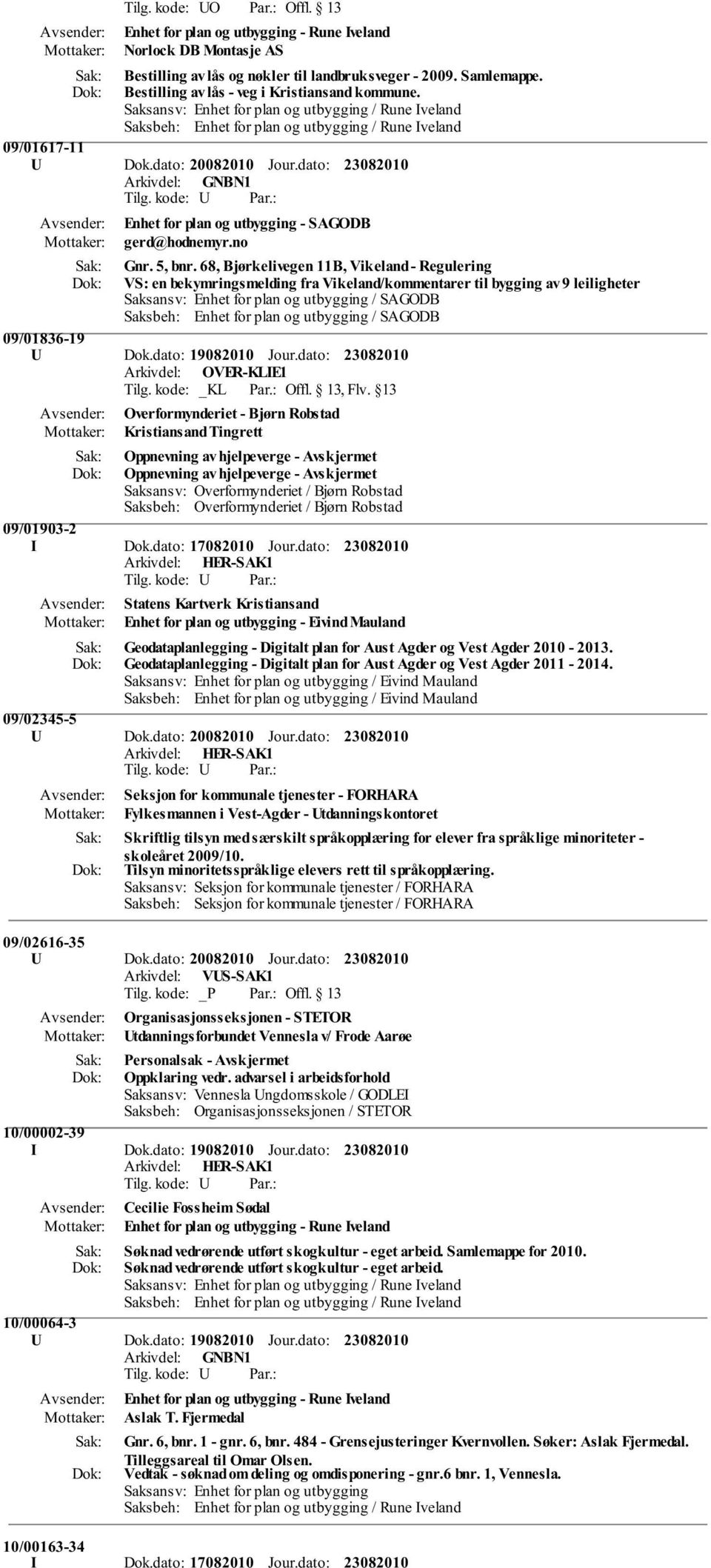 68, Bjørkelivegen 11B, Vikeland - Regulering VS: en bekymringsmelding fra Vikeland/kommentarer til bygging av 9 leiligheter Saksansv: Enhet for plan og utbygging / SAGODB Saksbeh: Enhet for plan og