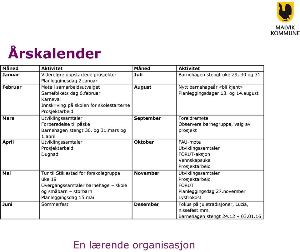 august Mars April Mai Utviklingssamtaler Forberedelse til påske Barnehagen stengt 30. og 31.mars og 1.