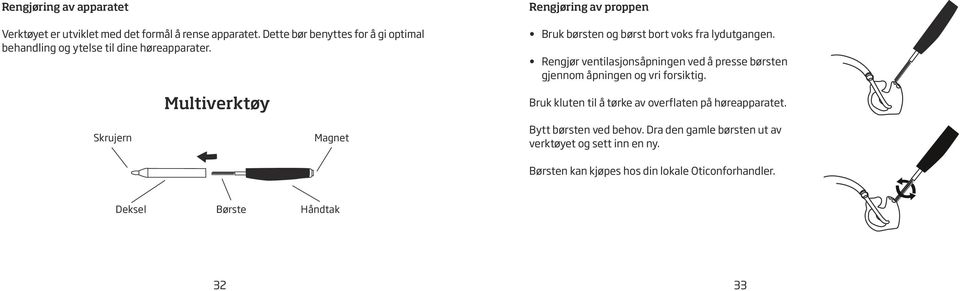 Multiverktøy Rengjøring av proppen Bruk børsten og børst bort voks fra lydutgangen.