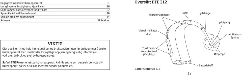 ningen før du begynner å bruke høreapparatet. Den inneholder forskjellige opplysninger og viktig informasjon vedrørende bruk og stell av høreapparatet.