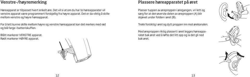 Plasser tuppen av øreproppen i øregangen, vri lett og sørg for at den øverste delen av øreproppen (A) blir skjøvet under folden i øret (B).