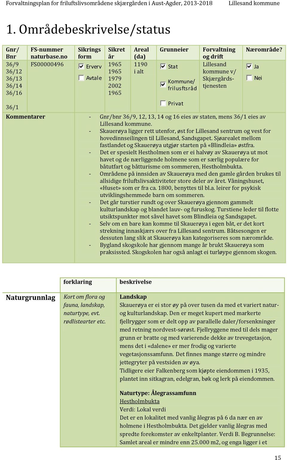 Kommentarer - Gnr/bnr 36/9, 12, 13, 14 og 16 eies av staten, mens 36/1 eies av. - Skauerøya ligger rett utenfor, øst for sentrum og vest for hovedinnseilingen til, Sandsgapet.