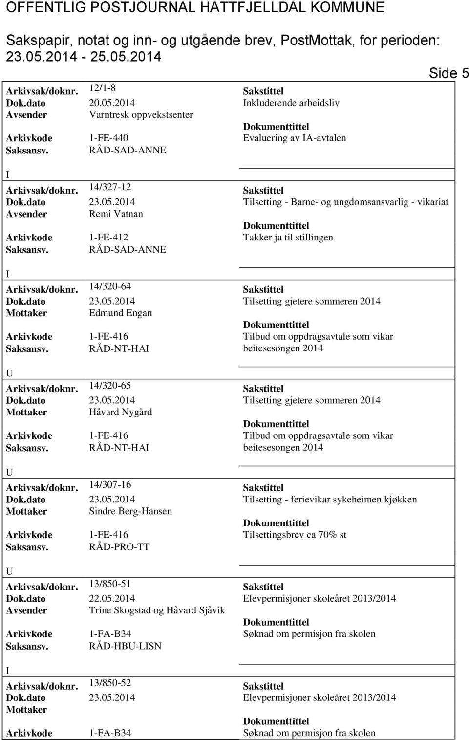 2014 Tilsetting - Barne- og ungdomsansvarlig - vikariat Avsender Remi Vatnan Arkivkode 1-FE-412 Takker ja til stillingen Arkivsak/doknr. 14/320-64 Sakstittel Mottaker Edmund Engan Saksansv.