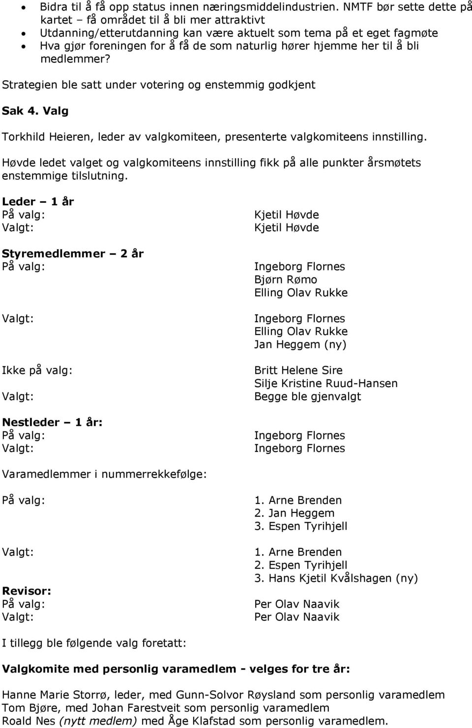 til å bli medlemmer? Strategien ble satt under votering og enstemmig godkjent Sak 4. Valg Torkhild Heieren, leder av valgkomiteen, presenterte valgkomiteens innstilling.