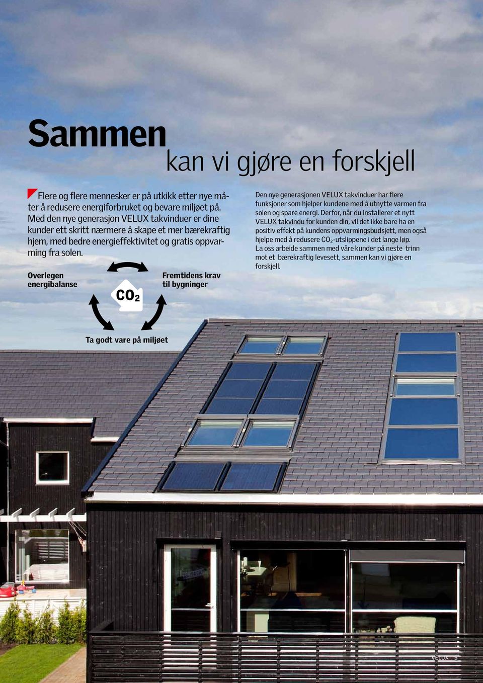 Overlegen energibalanse Fremtidens krav til bygninger Den nye generasjonen VELUX takvinduer har flere funksjoner som hjelper kundene med å utnytte varmen fra solen og spare energi.