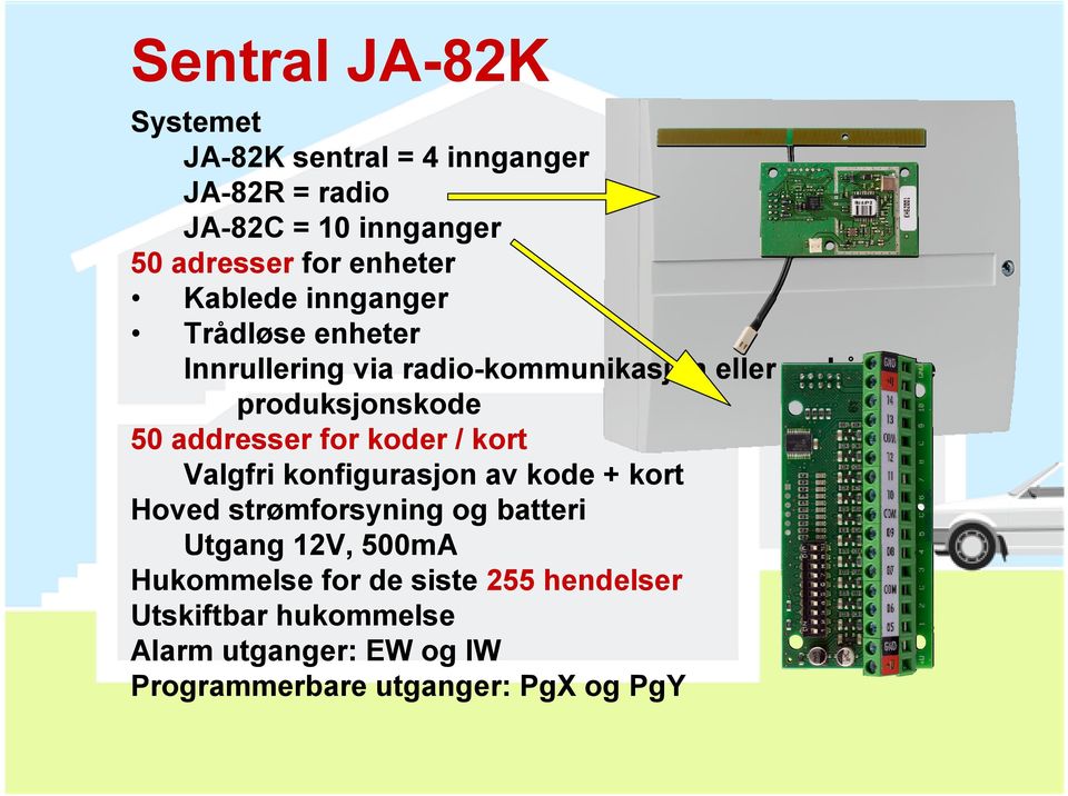 addresser for koder / kort Valgfri konfigurasjon av kode + kort Hoved strømforsyning og batteri Utgang 12V, 500mA