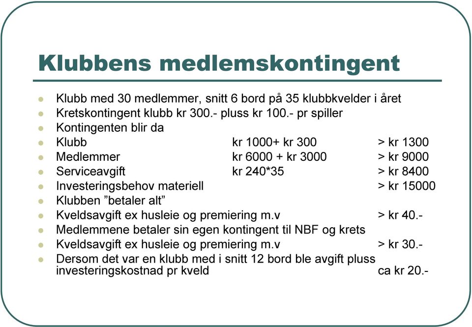 Investeringsbehov materiell > kr 15000 Klubben betaler alt Kveldsavgift ex husleie og premiering m.v > kr 40.