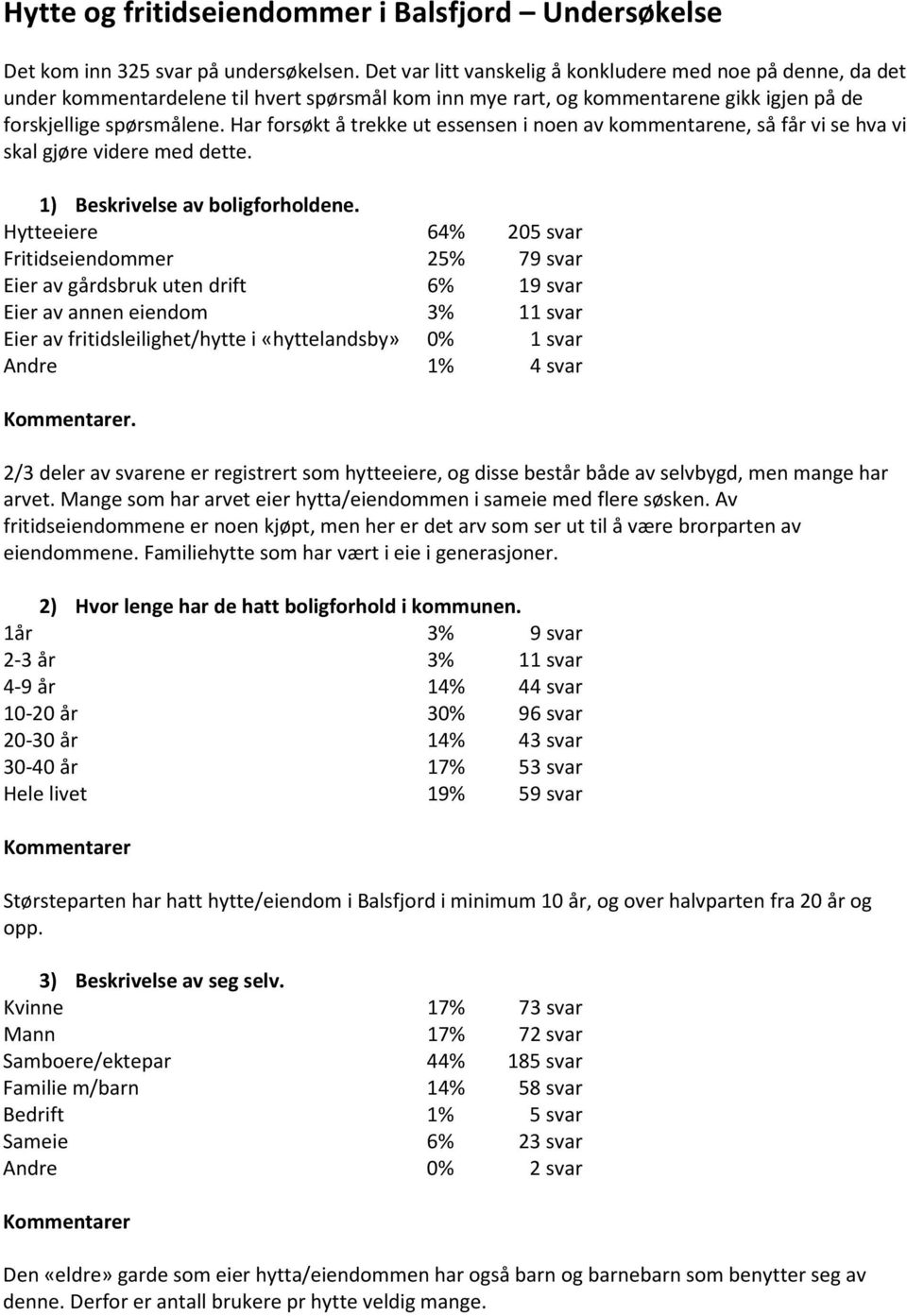 Har forsøkt å trekke ut essensen i noen av kommentarene, så får vi se hva vi skal gjøre videre med dette. 1) Beskrivelse av boligforholdene.