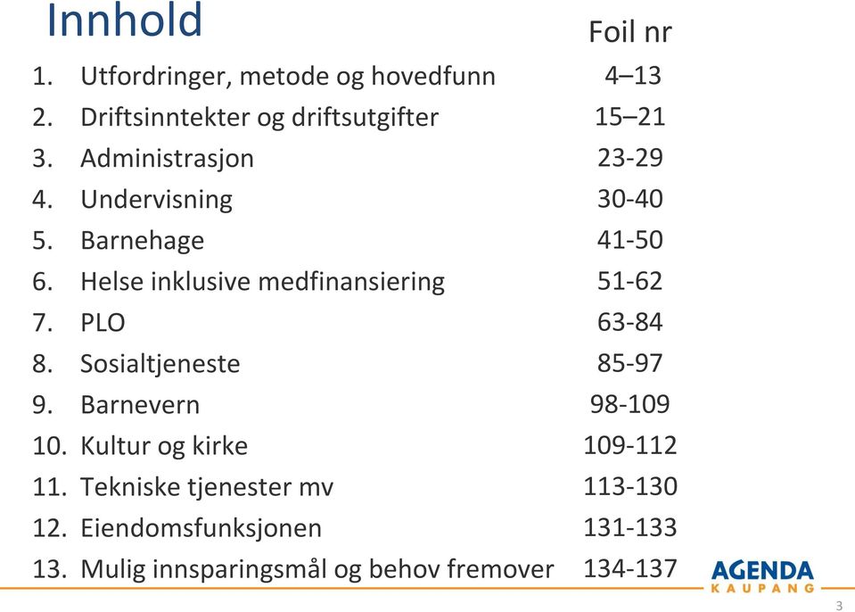 Kultur og kirke 11. Tekniske tjenester mv 12. Eiendomsfunksjonen 13.