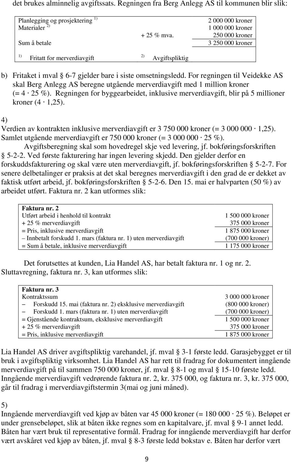 For regningen til Veidekke AS skal Berg Anlegg AS beregne utgående merverdiavgift med 1 million kroner (= 4 25 %).