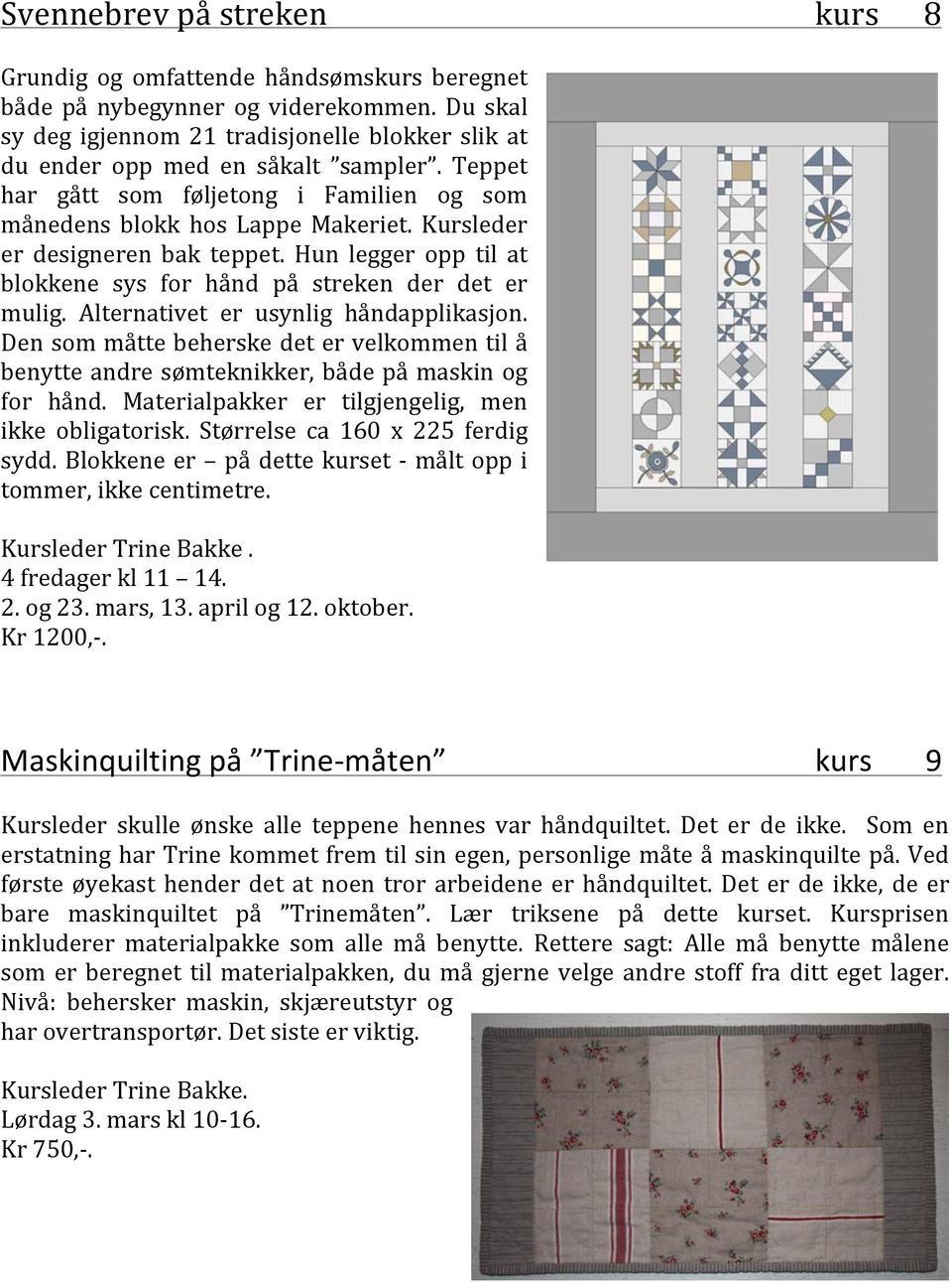 Kursleder er designeren bak teppet. Hun legger opp til at blokkene sys for hånd på streken der det er mulig. Alternativet er usynlig håndapplikasjon.