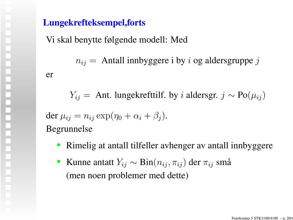 i og aldersgruppe j er Y ij = Ant. lungekrefttilf. by i aldersgr.