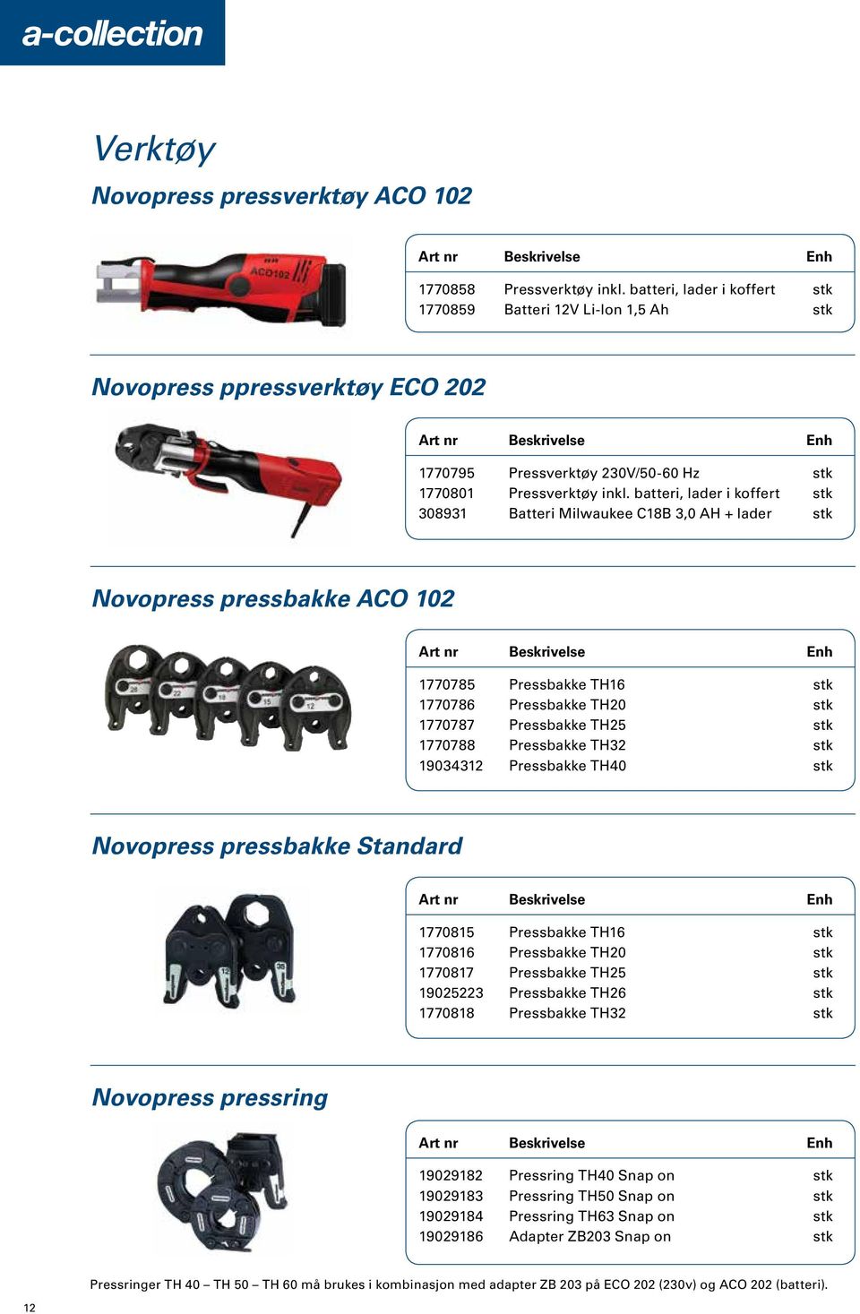 batteri, lader i koffert stk 308931 Batteri Milwaukee C18B 3,0 AH + lader stk Novopress pressbakke ACO 102 Art nr Beskrivelse Enh 1770785 Pressbakke TH16 stk 1770786 Pressbakke TH20 stk 1770787