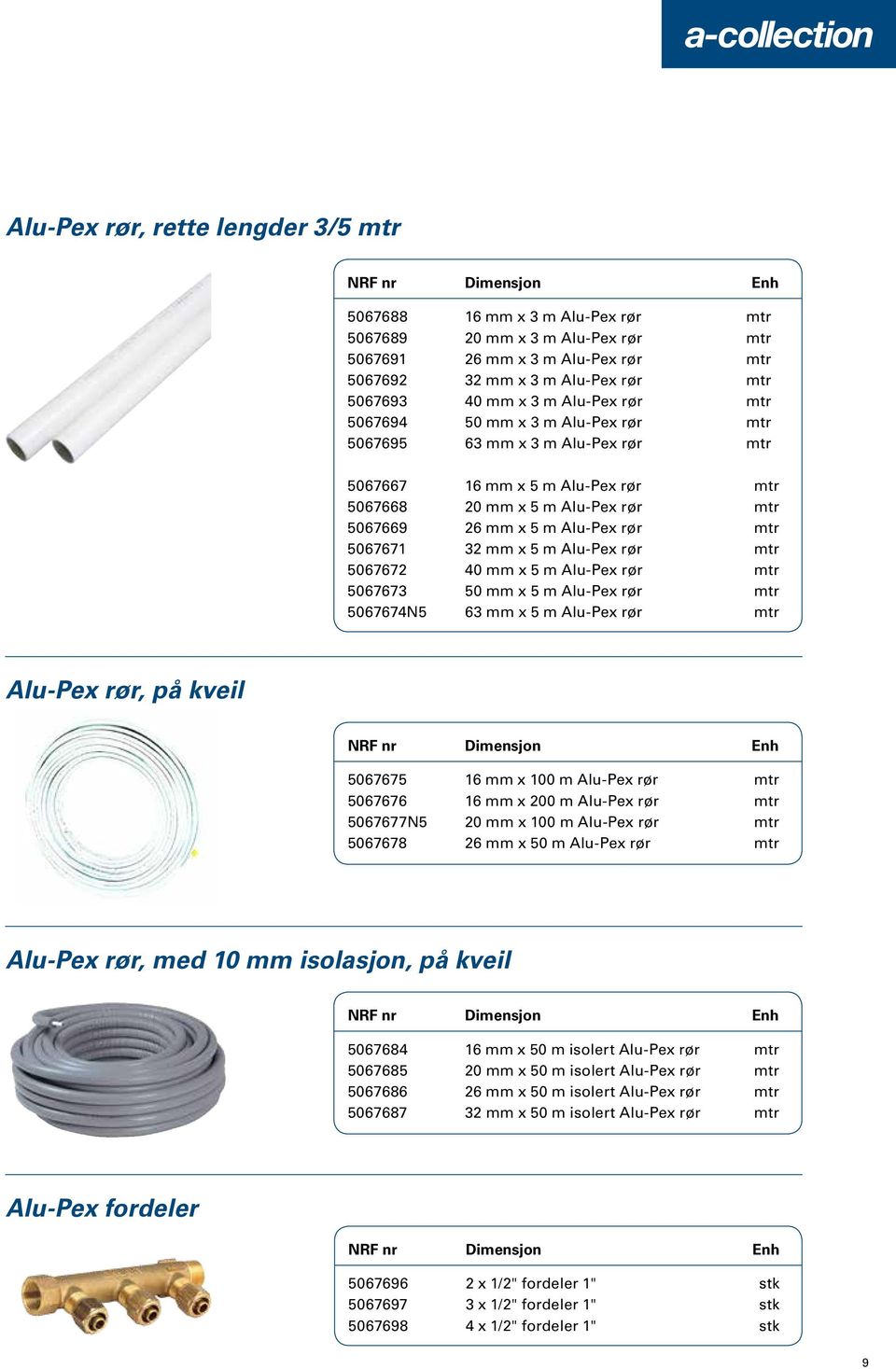 5067671 32 mm x 5 m Alu-Pex rør mtr 5067672 40 mm x 5 m Alu-Pex rør mtr 5067673 50 mm x 5 m Alu-Pex rør mtr 5067674N5 63 mm x 5 m Alu-Pex rør mtr Alu-Pex rør, på kveil 5067675 16 mm x 100 m Alu-Pex