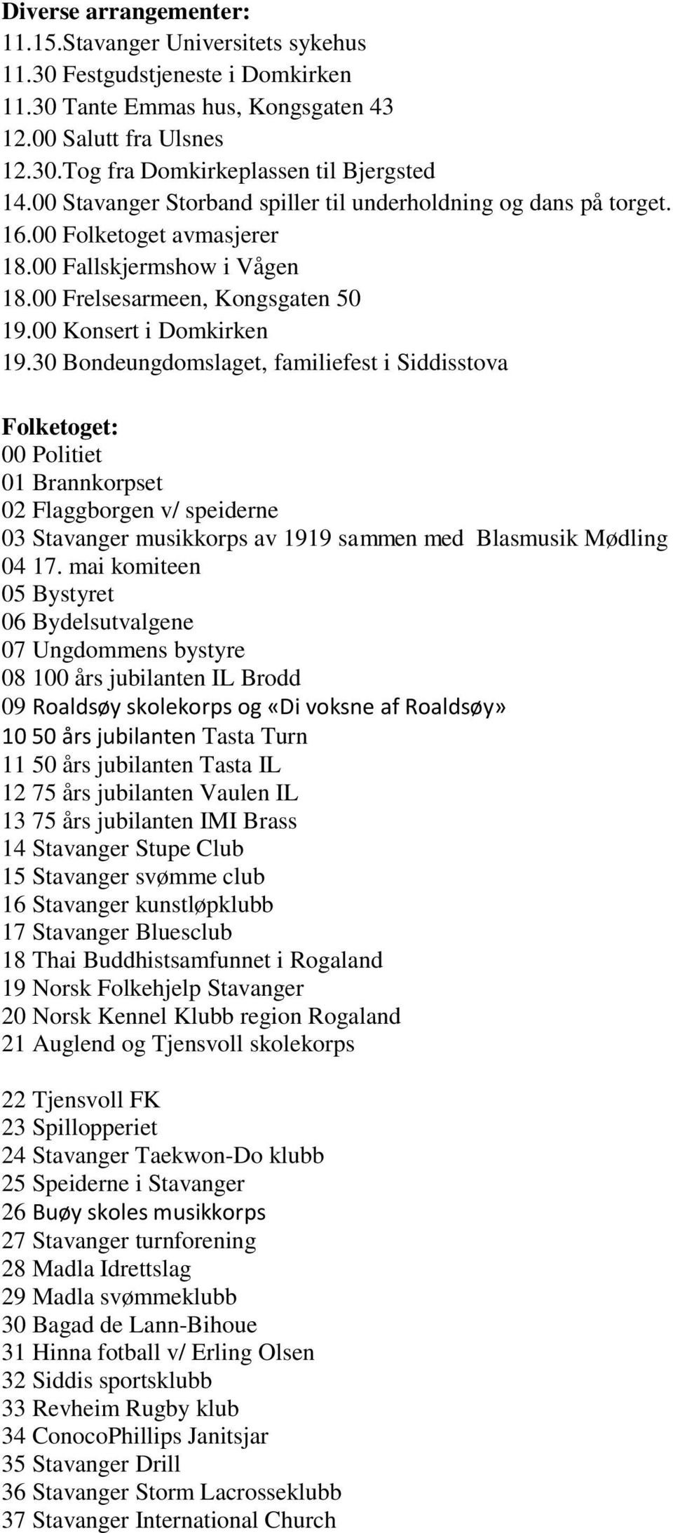 30 Bondeungdomslaget, familiefest i Siddisstova Folketoget: 00 Politiet 01 Brannkorpset 02 Flaggborgen v/ speiderne 03 Stavanger musikkorps av 1919 sammen med Blasmusik Mødling 04 17.