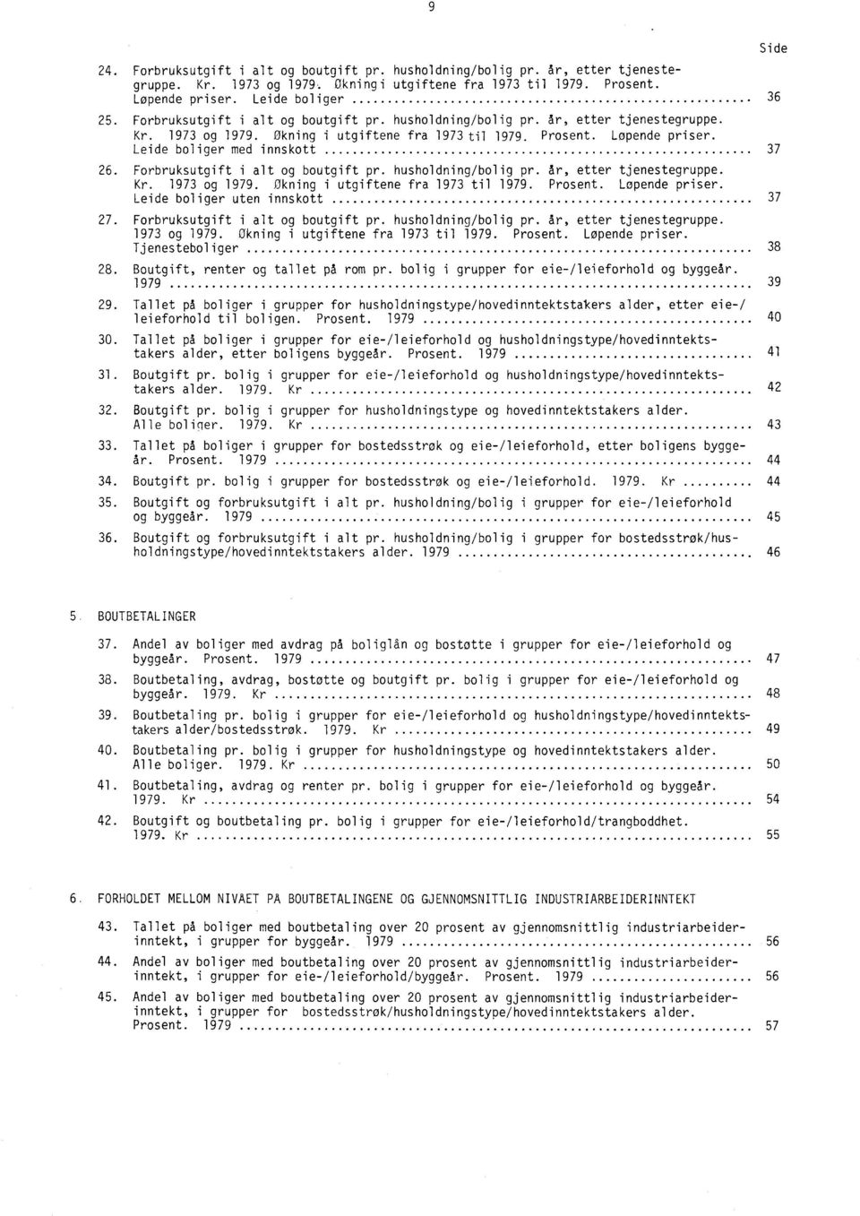 Forbruksutgift i alt og boutgift pr. husholdning/bolig pr. år, etter tjenestegruppe. Kr. 1973 og 1979. Økning i utgiftene fra 1973 til 1979. Prosent. Løpende priser. Leide boliger uten innskott 37 27.