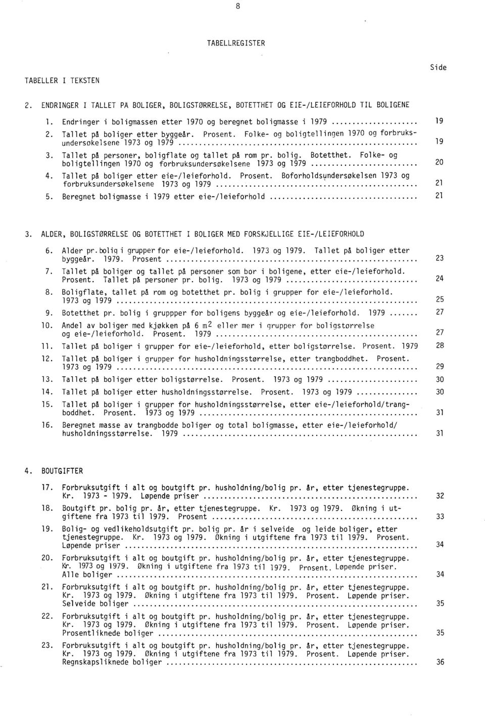 Tallet på personer, boligflate og tallet på rom pr. bolig. Botetthet. Folke- og boligtellingen 1970 og forbruksundersøkelsene 1973 og 1979 4. Tallet på boliger etter eie-/leieforhold. Prosent.