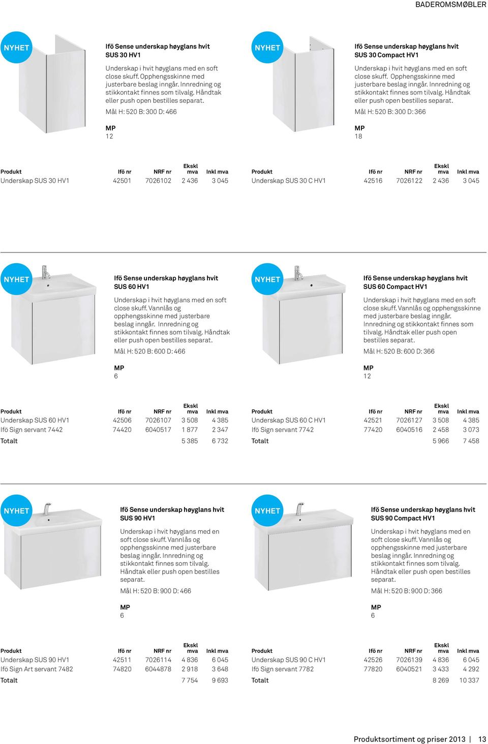 Mål H: 520 B: 300 D: 466 12 Ifö Sense underskap høyglans hvit SUS 30 Compact HV1 Underskap i hvit høyglans med en soft close skuff. Opphengsskinne med justerbare beslag inngår.