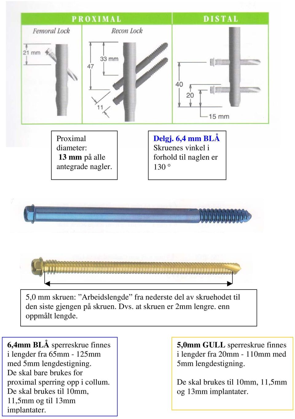 skruen. Dvs. at skruen er 2mm lengre. enn oppmålt lengde. 6,4mm BLÅ sperreskrue finnes i lengder fra 65mm - 125mm med 5mm lengdestigning.