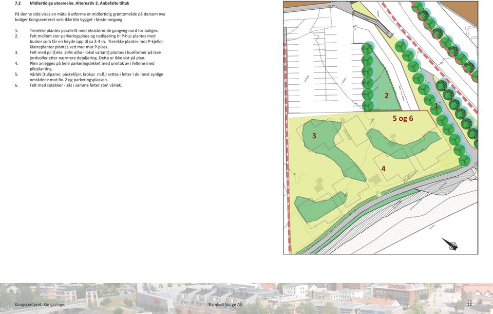 Trerekke plantes mot P-kjeller. Klatreplanter plantes ved mur mot P-plass.. Felt med pil (f.eks. Salix alba - lokal variant) plantes i bueformer på lave jordvoller etter nærmere detaljering.