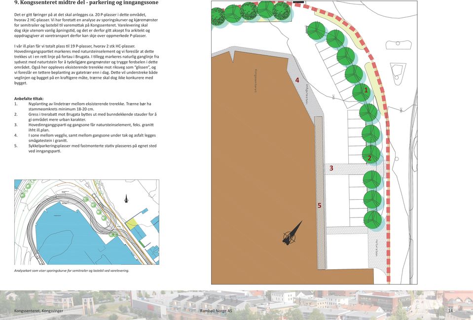 Varelevering skal dog skje utenom vanlig åpningstid, og det er derfor gitt aksept fra arkitekt og oppdragsgiver at varetransport derfor kan skje over oppmerkede P-plasser. I vår ill.