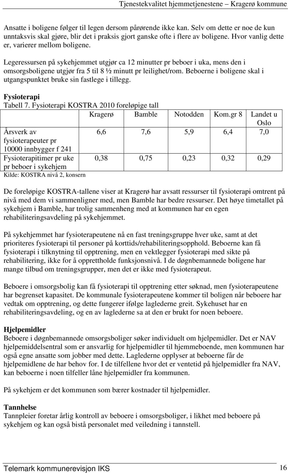 Beboerne i boligene skal i utgangspunktet bruke sin fastlege i tillegg. Fysioterapi Tabell 7. Fysioterapi KOSTRA 2010 foreløpige tall Kragerø Bamble Notodden Kom.