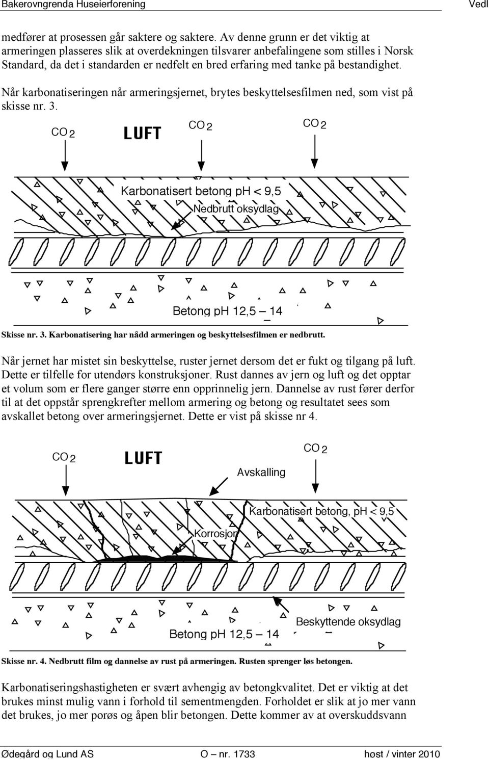 bestandighet. Når karbonatiseringen når armeringsjernet, brytes beskyttelsesfilmen ned, som vist på skisse nr. 3.