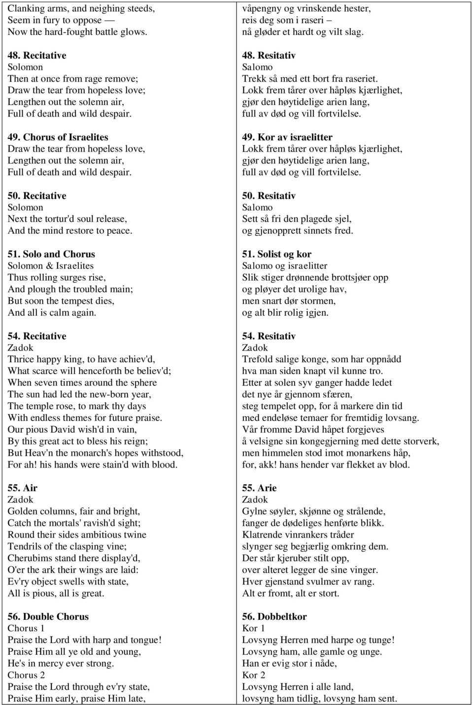 Chorus of Israelites Draw the tear from hopeless love, Lengthen out the solemn air, Full of death and wild despair. 50. Recitative Next the tortur'd soul release, And the mind restore to peace. 51.