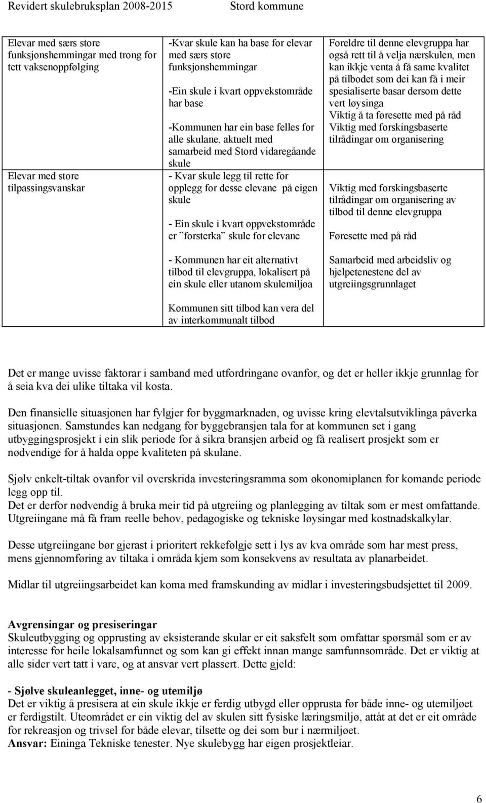 skule - Ein skule i kvart oppvekstområde er forsterka skule for elevane - Kommunen har eit alternativt tilbod til elevgruppa, lokalisert på ein skule eller utanom skulemiljøa Kommunen sitt tilbod kan