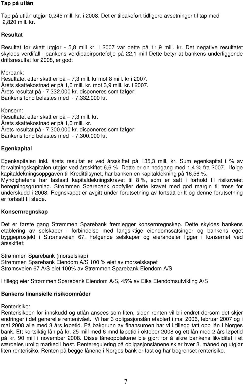 Det negative resultatet skyldes verdifall i bankens verdipapirportefølje på 22,1 mill Dette betyr at bankens underliggende driftsresultat for 2008, er godt Morbank: Resultatet etter skatt er på 7,3