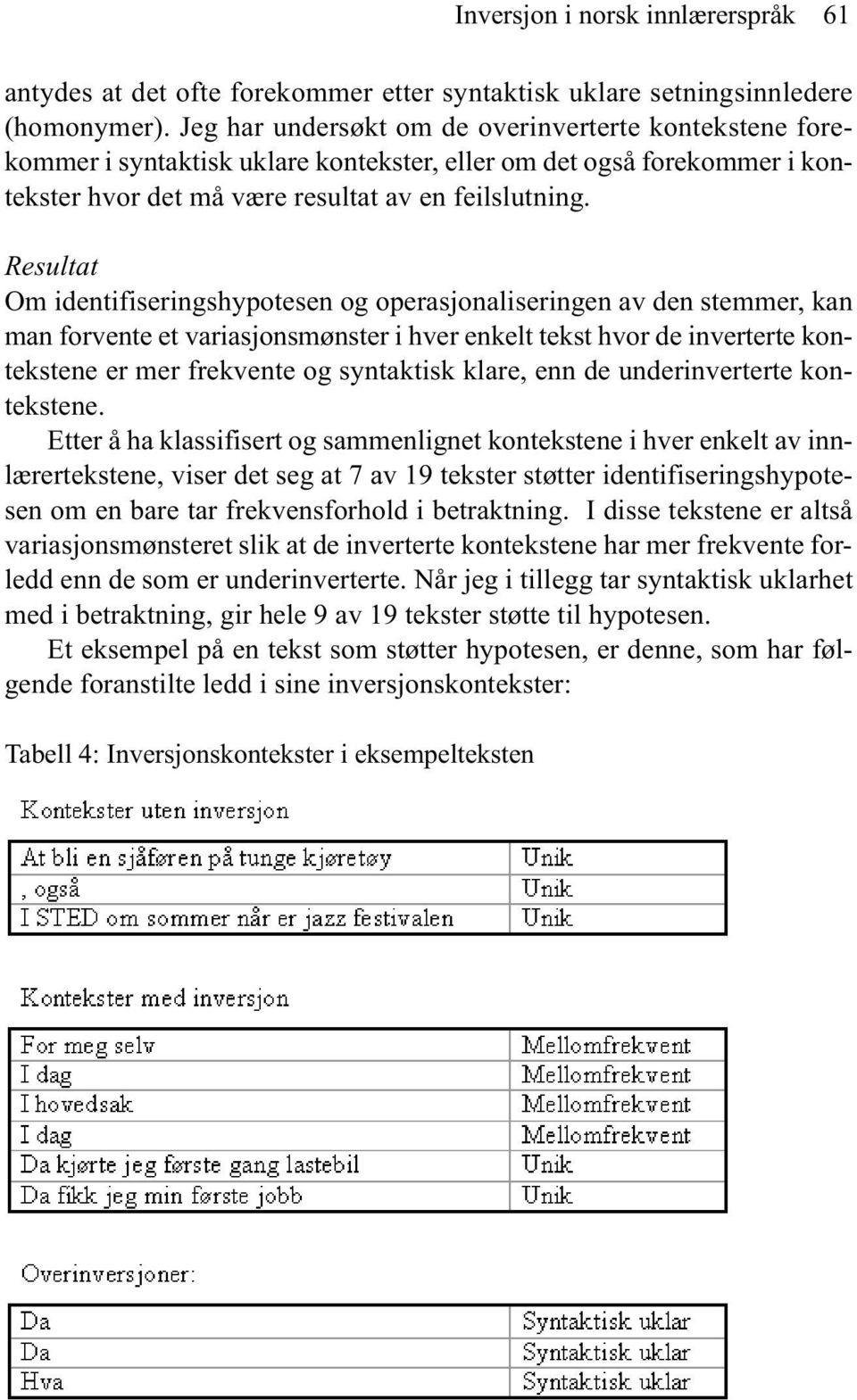 Resultat Om identifiseringshypotesen og operasjonaliseringen av den stemmer, kan man forvente et variasjonsmønster i hver enkelt tekst hvor de inverterte kontekstene er mer frekvente og syntaktisk