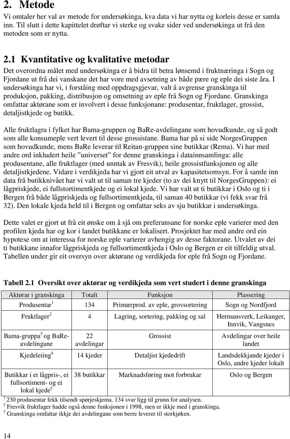 1 Kvantitative og kvalitative metodar Det overordna målet med undersøkinga er å bidra til betra lønsemd i fruktnæringa i Sogn og Fjordane ut frå dei vanskane det har vore med avsetning av både pære