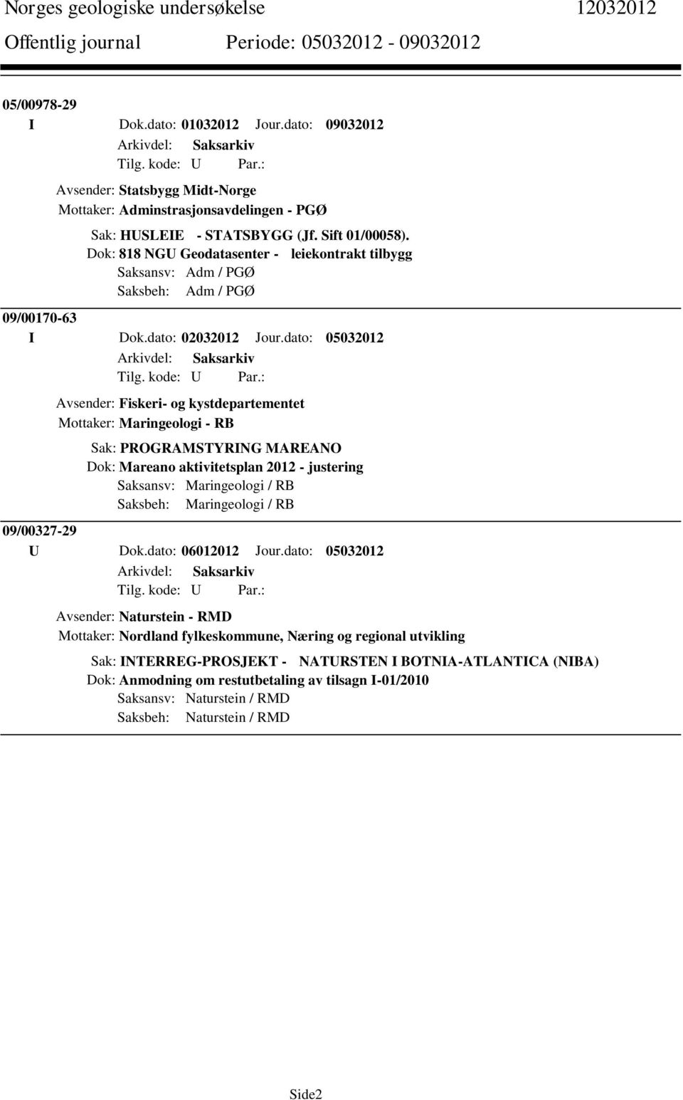 dato: 05032012 Avsender: Fiskeri- og kystdepartementet Mottaker: Maringeologi - RB Sak: PROGRAMSTYRING MAREANO Dok: Mareano aktivitetsplan 2012 - justering Saksansv: Maringeologi / RB Saksbeh: