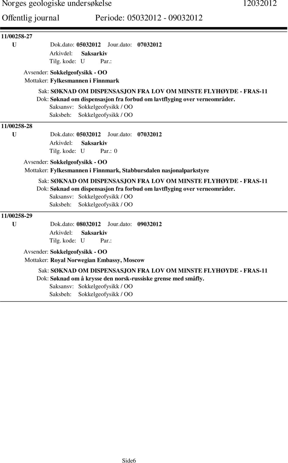 over verneområder. Saksansv: Sokkelgeofysikk / OO Saksbeh: Sokkelgeofysikk / OO 11/00258-28 U Dok.dato: 05032012 Jour.