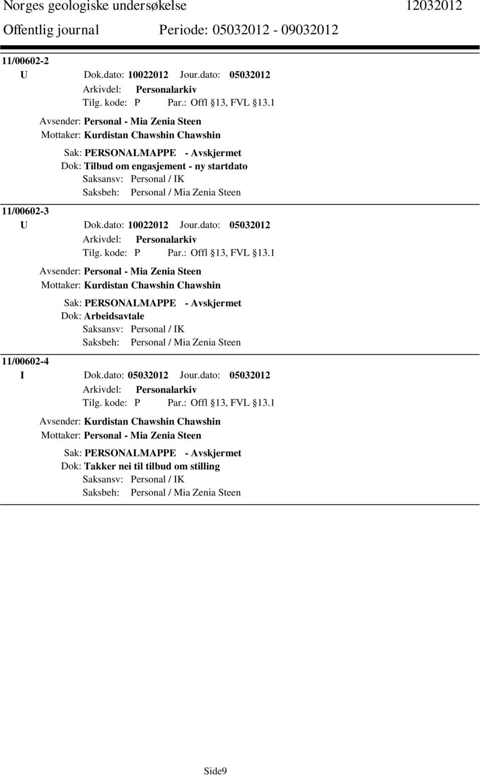 11/00602-3 U Dok.dato: 10022012 Jour.dato: 05032012 Tilg. kode: P Par.: Offl 13, FVL 13.