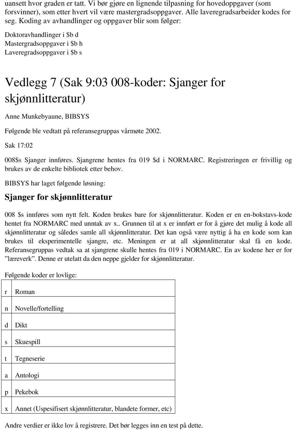 Munkebyaune, BIBSYS Følgende ble vedtatt på referansegruppas vårmøte 2002. Sak 17:02 008$s Sjanger innføres. Sjangrene hentes fra 019 $d i NORMARC.