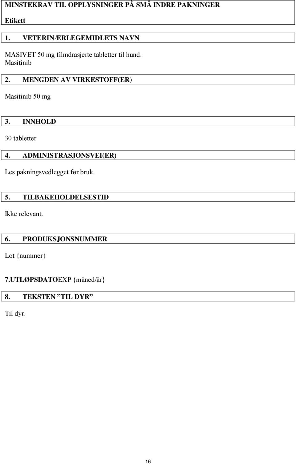 MENGDEN AV VIRKESTOFF(ER) Masitinib 50 mg 3. INNHOLD 30 tabletter 4.