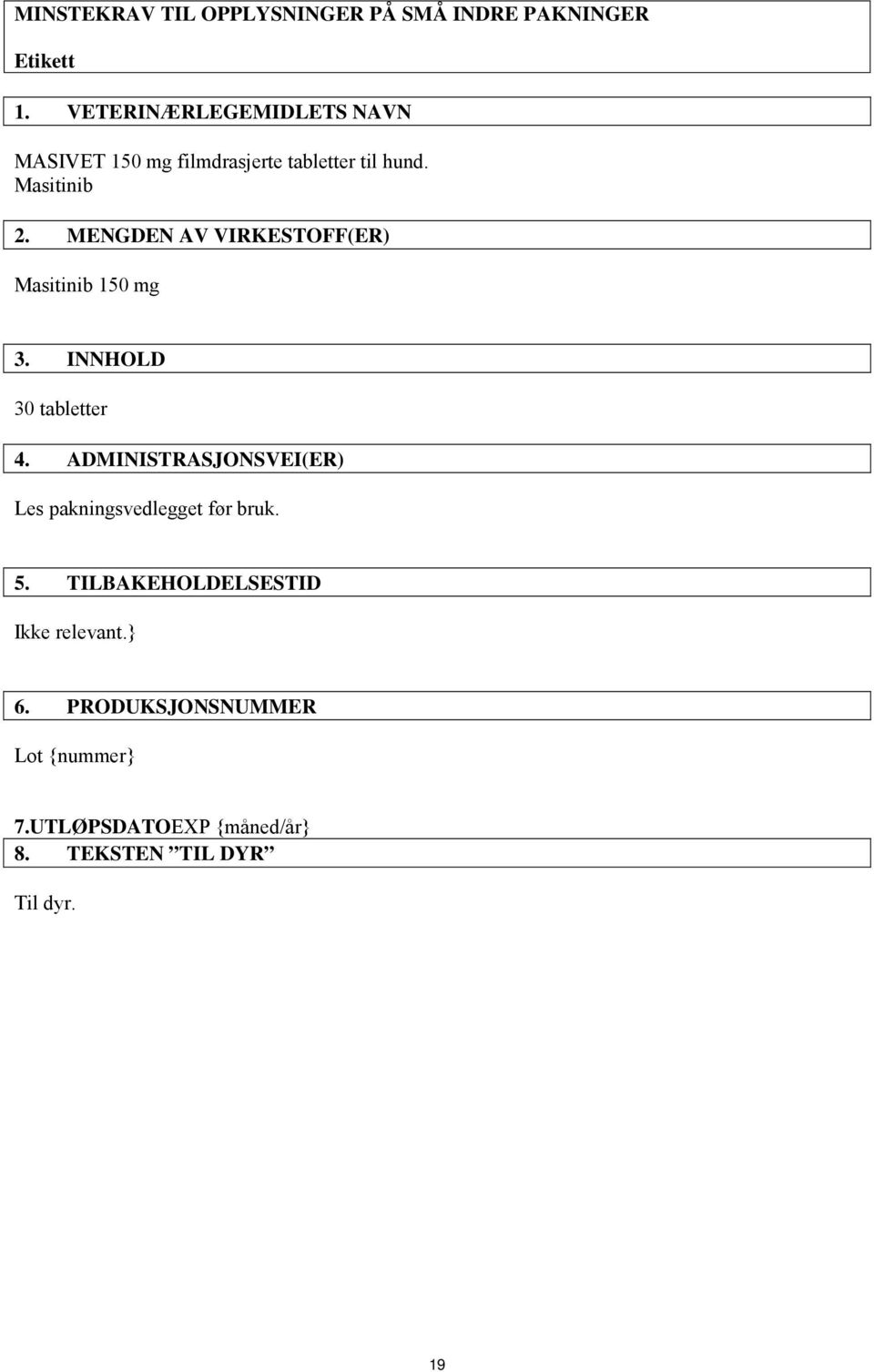 MENGDEN AV VIRKESTOFF(ER) Masitinib 150 mg 3. INNHOLD 30 tabletter 4.