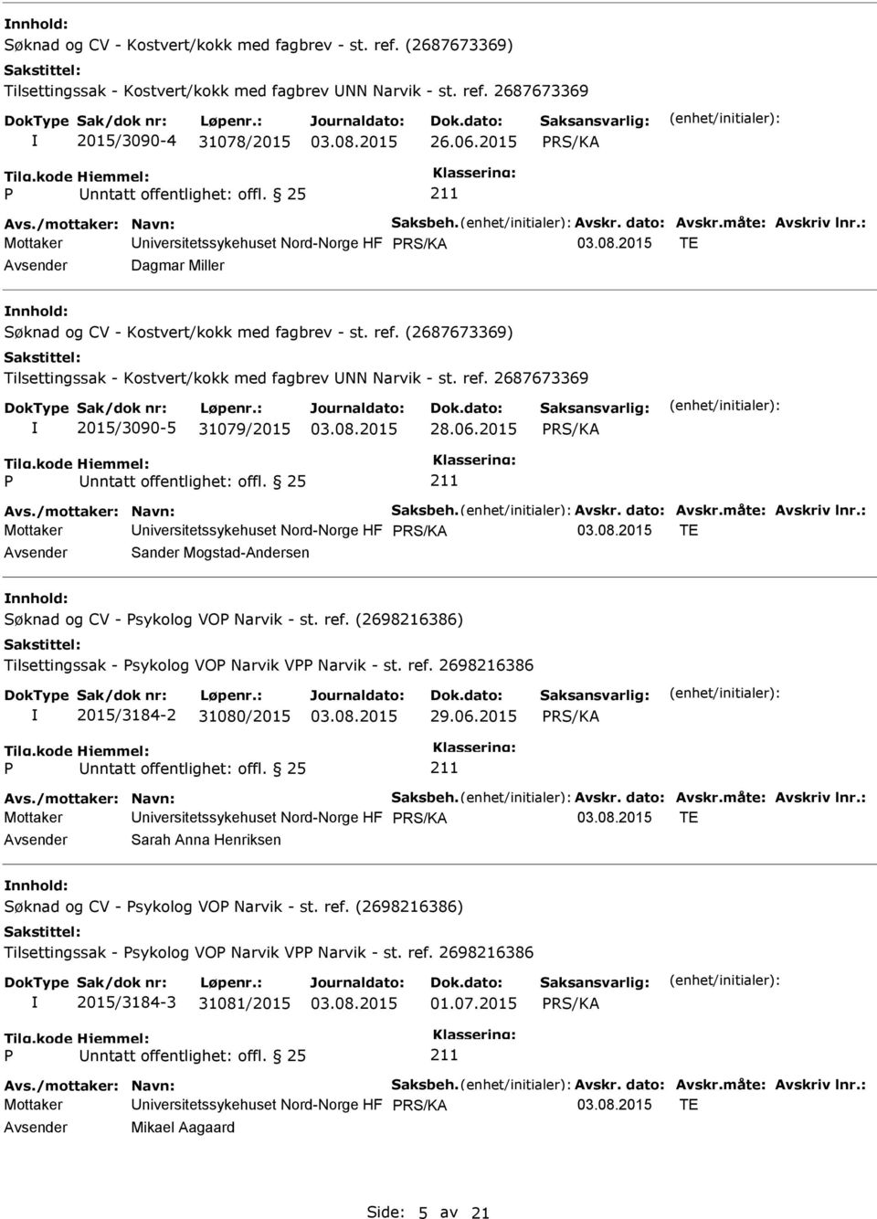 ref. 2687673369 2015/3090-5 31079/2015 28.06.2015 Mottaker niversitetssykehuset Nord-Norge HF TE Sander Mogstad-Andersen nnhold: Søknad og CV - sykolog VO Narvik - st. ref.