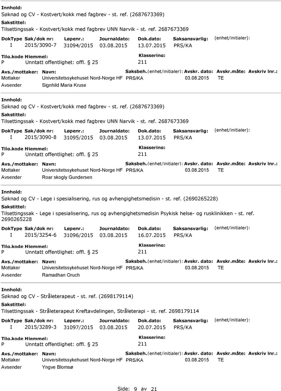 (2687673369) Tilsettingssak - Kostvert/kokk med fagbrev NN Narvik - st. ref. 2687673369 2015/3090-8 31095/2015 13.07.