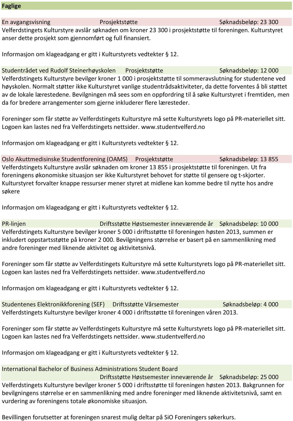 Studentrådet ved Rudolf Steinerhøyskolen Prosjektstøtte Søknadsbeløp: 12 000 Velferdstingets Kulturstyre bevilger kroner 1 000 i prosjektstøtte til sommeravslutning for studentene ved høyskolen.