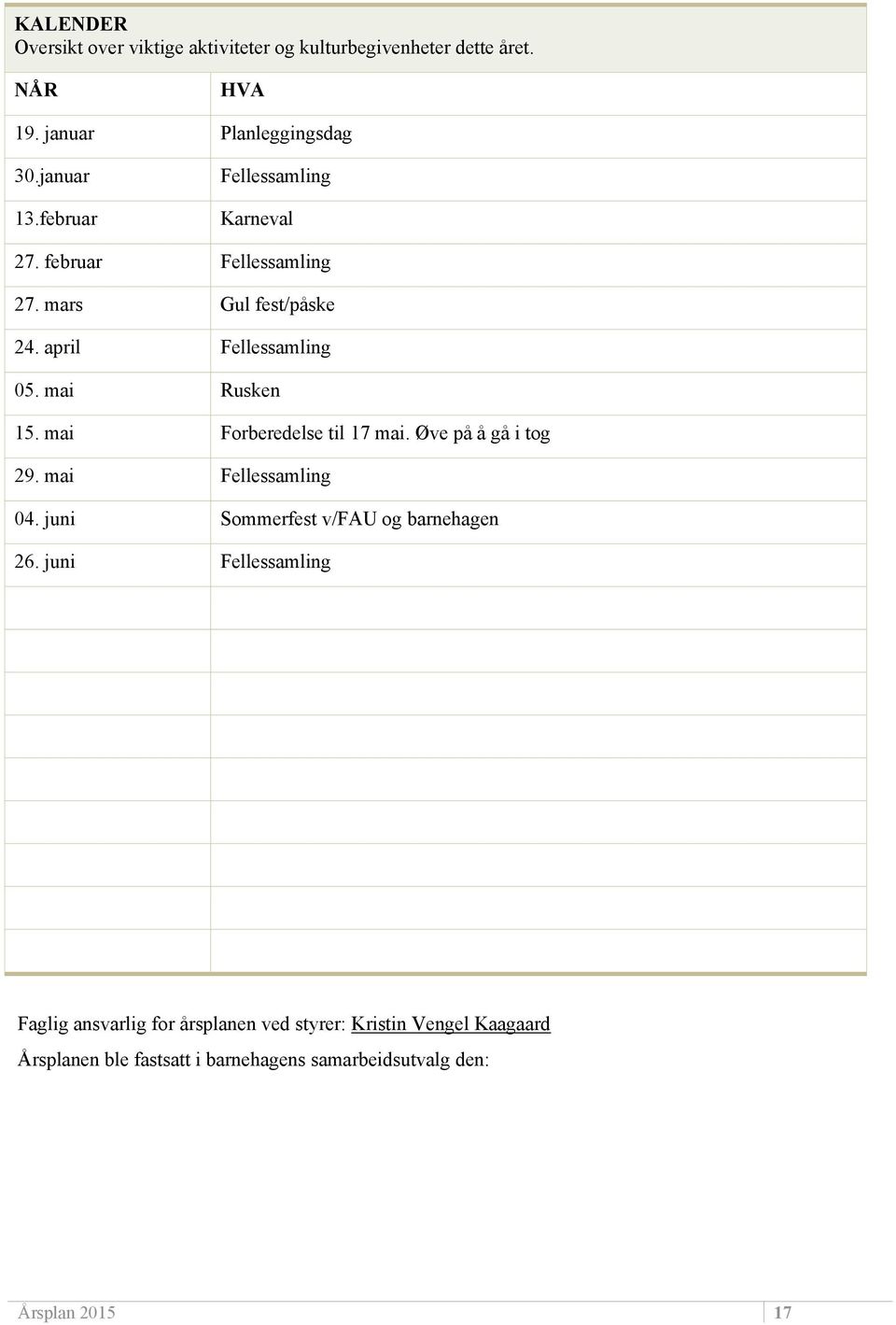 mai Forberedelse til 17 mai. Øve på å gå i tog 29. mai Fellessamling 04. juni Sommerfest v/fau og barnehagen 26.