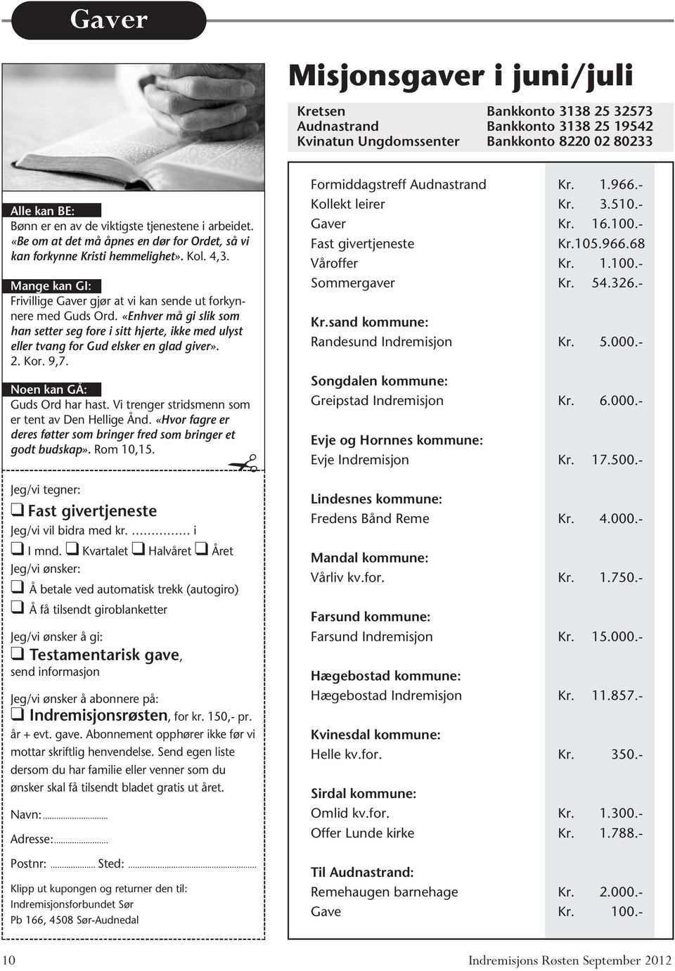 «Enhver må gi slik som han setter seg fore i sitt hjerte, ikke med ulyst eller tvang for Gud elsker en glad giver». 2. Kor. 9,7. Noen kan GÅ: Guds Ord har hast.