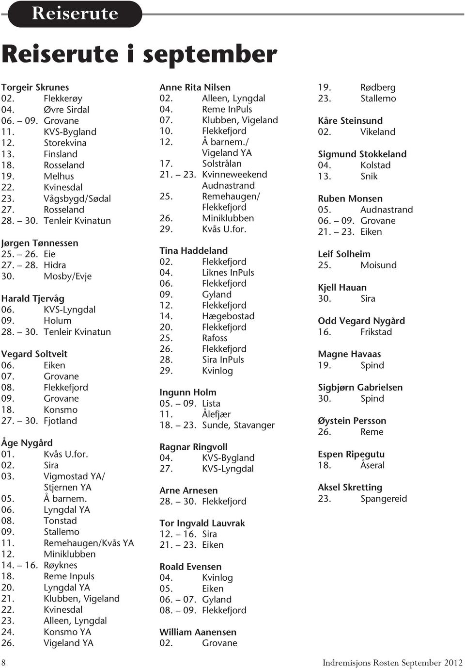 Flekkefjord 09. Grovane 18. Konsmo 27. 30. Fjotland Åge Nygård 01. Kvås U.for. 02. Sira 03. Vigmostad YA/ Stjernen YA 05. Å barnem. 06. Lyngdal YA 08. Tonstad 09. Stallemo 11. Remehaugen/Kvås YA 12.