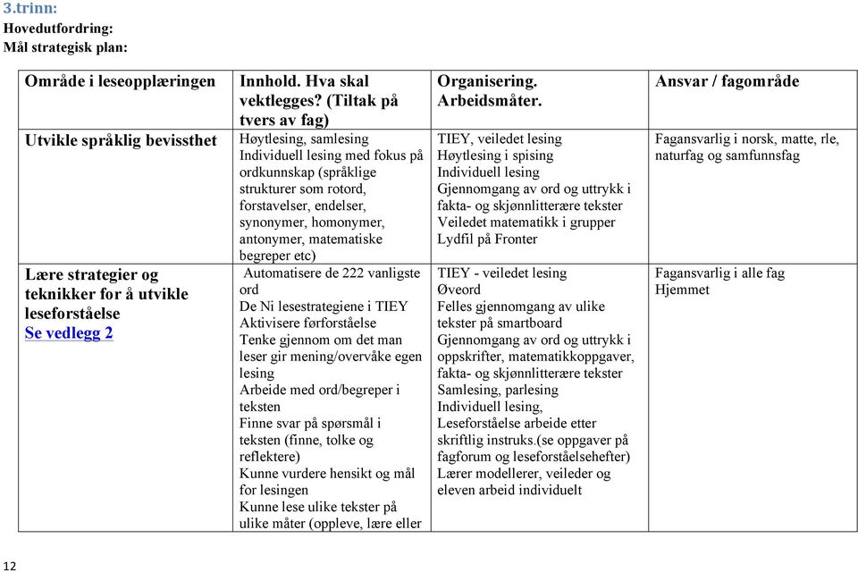 begreper etc) Automatisere de 222 vanligste ord De Ni lesestrategiene i TIEY Aktivisere førforståelse Tenke gjennom om det man leser gir mening/overvåke egen lesing Arbeide med ord/begreper i teksten