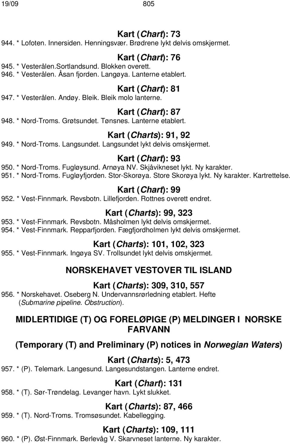 * Nord-Troms. Langsundet. Langsundet lykt delvis omskjermet. Kart (Chart): 93 950. * Nord-Troms. Fugløysund. Arnøya NV. Skjåvikneset lykt. Ny karakter. 951. * Nord-Troms. Fugløyfjorden. Stor-Skorøya.
