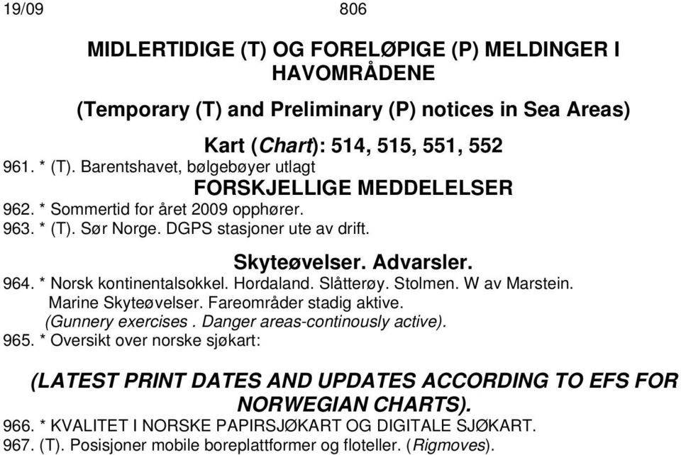 * Norsk kontinentalsokkel. Hordaland. Slåtterøy. Stolmen. W av Marstein. Marine Skyteøvelser. Fareområder stadig aktive. (Gunnery exercises. Danger areas-continously active). 965.